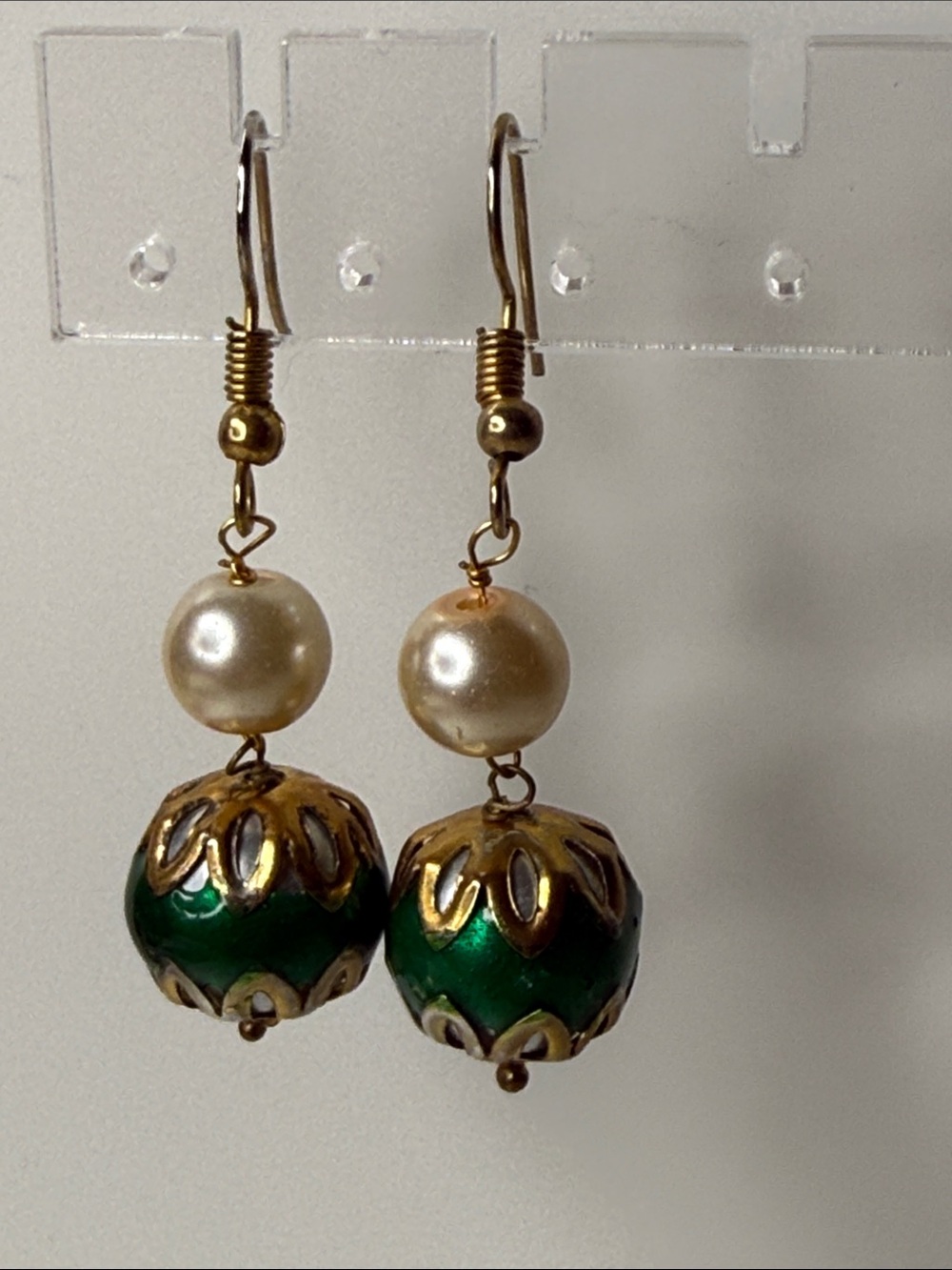 Vintage Gold-Tone faux Pearl Green Enamel dangle Drop Earrings MCM ornament